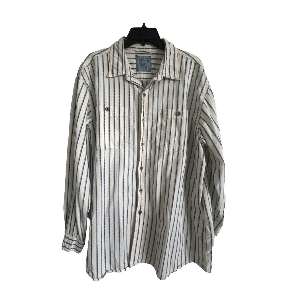 L.L. Bean Shirt Mens Large Blue Cream Stripe Button Down Shirt Nautical